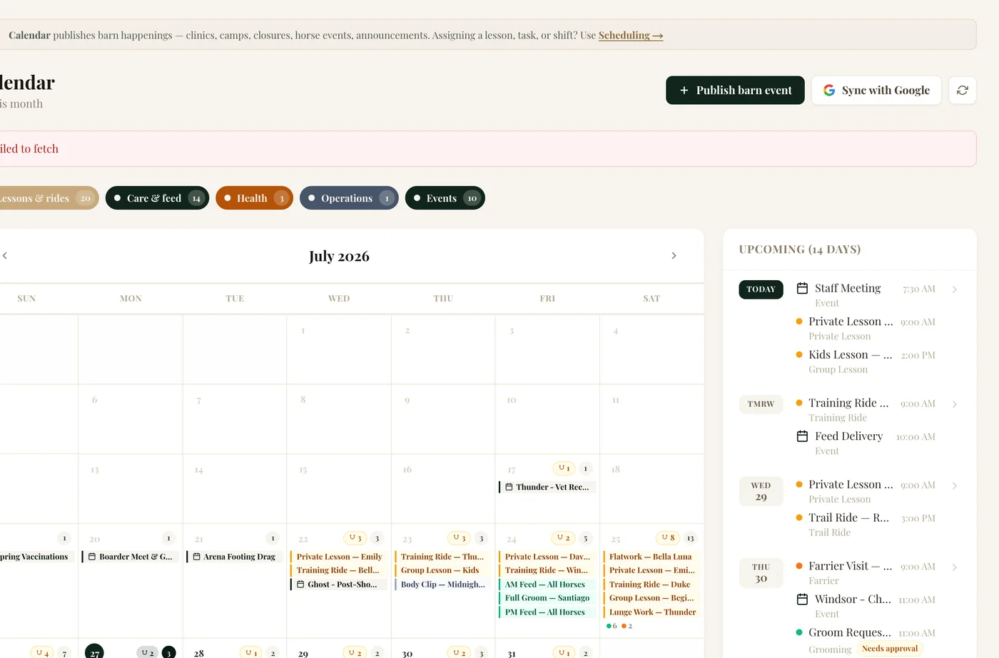 OnStride barn calendar showing lesson and horse schedules