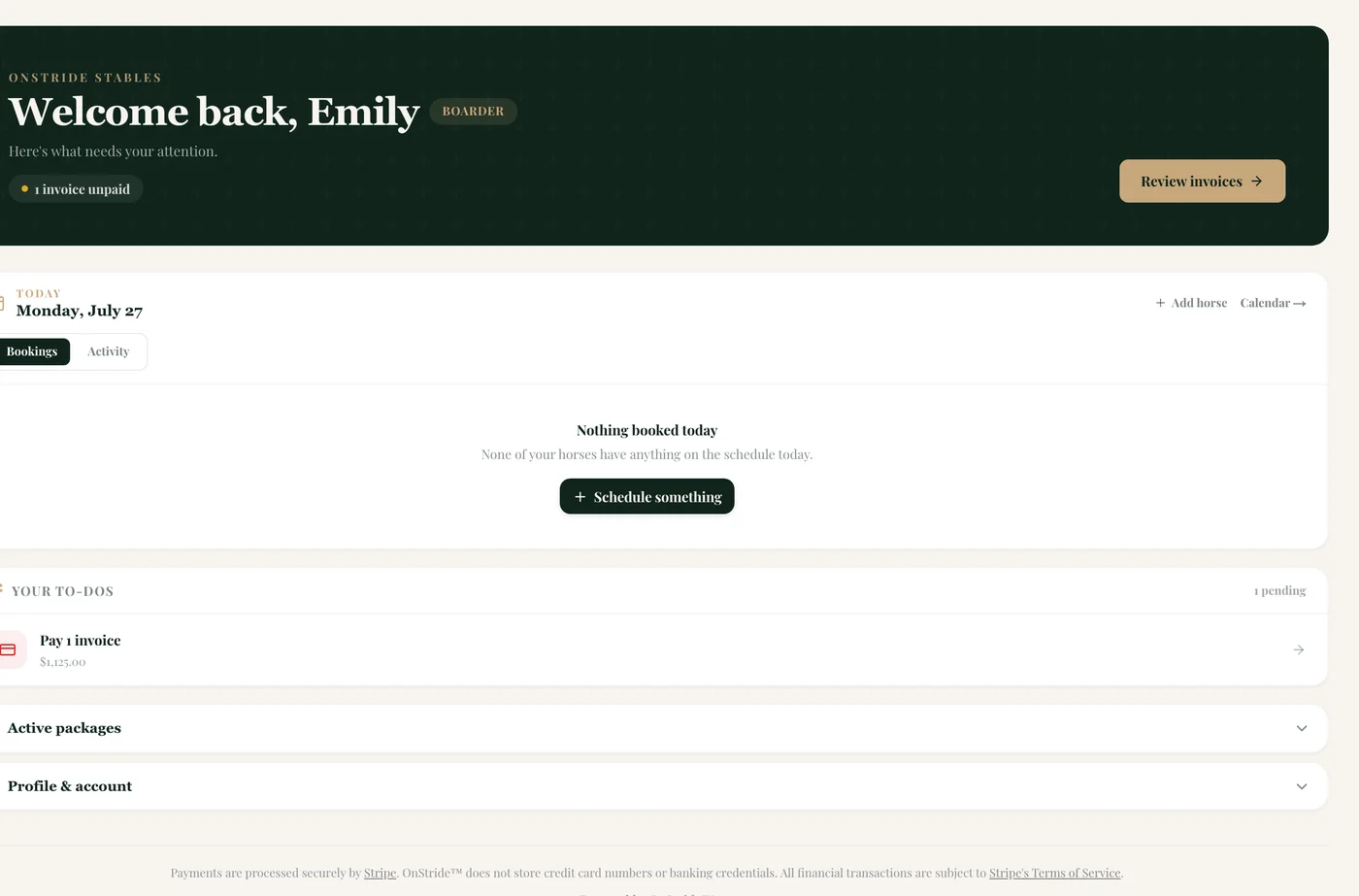 OnStride client account showing horse and barn information for a boarder