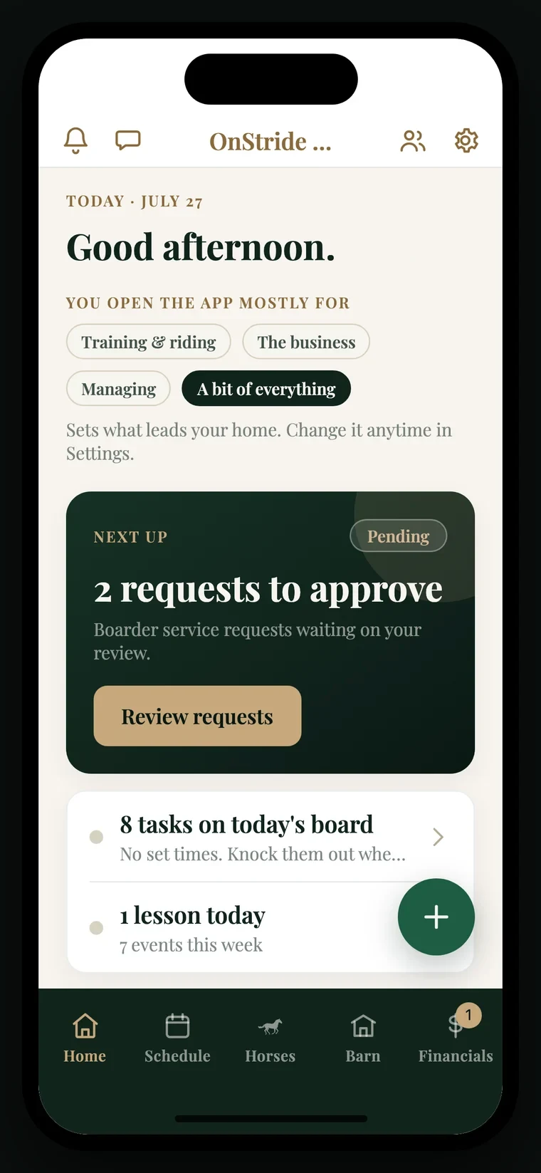 The OnStride mobile app home screen for the sample OnStride Stables barn, showing requests, today's board, and today's lesson