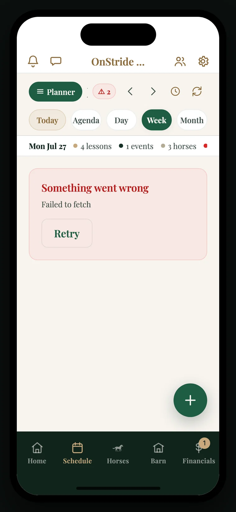 OnStride mobile app displaying the barn schedule